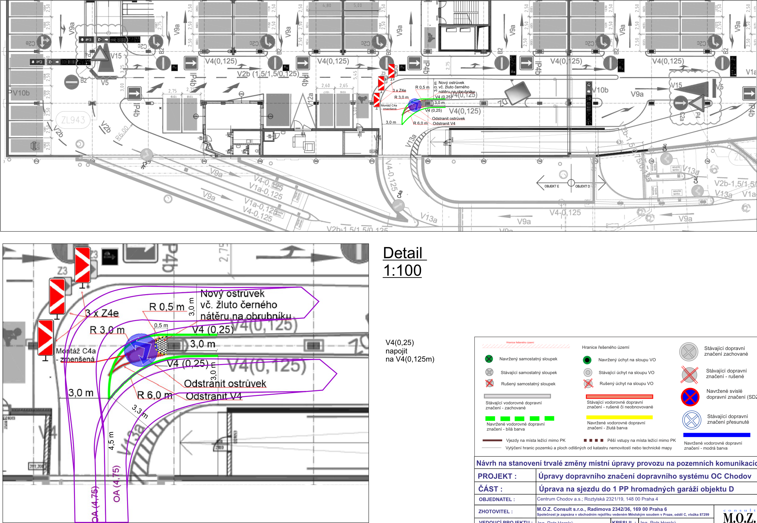 Projektová dokumentace dopravního značení pro OC Chodov. Obsahuje situační plán úpravy vjezdu do 1. PP hromadných garáží objektu D. Detail 1:100 znázorňuje odstranění stávajícího ostrůvku, výstavbu nového ostrůvku (vč. žluto-černého nátěru na obrubníku) a úpravu vodorovného dopravního značení (V4). Legenda obsahuje vysvětlivky k dopravnímu značení: stávající, rušené a navržené značení. Identifikace projektu: 'Úpravy dopravního značení dopravního systému OC Chodov', část: 'Úprava na sjezdu do 1 PP hromadných garáží objektu D', objednatel: 'Centrum Chodov a.s.', zhotovitel: 'M.O.Z. Consult s.r.o.'