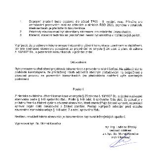 Naskenovaná stránka textového dokumentu. Obsahuje podmínky, odůvodnění a poučení týkající se dopravního značení a zvláštního užívání komunikace dle zákona č. 1…