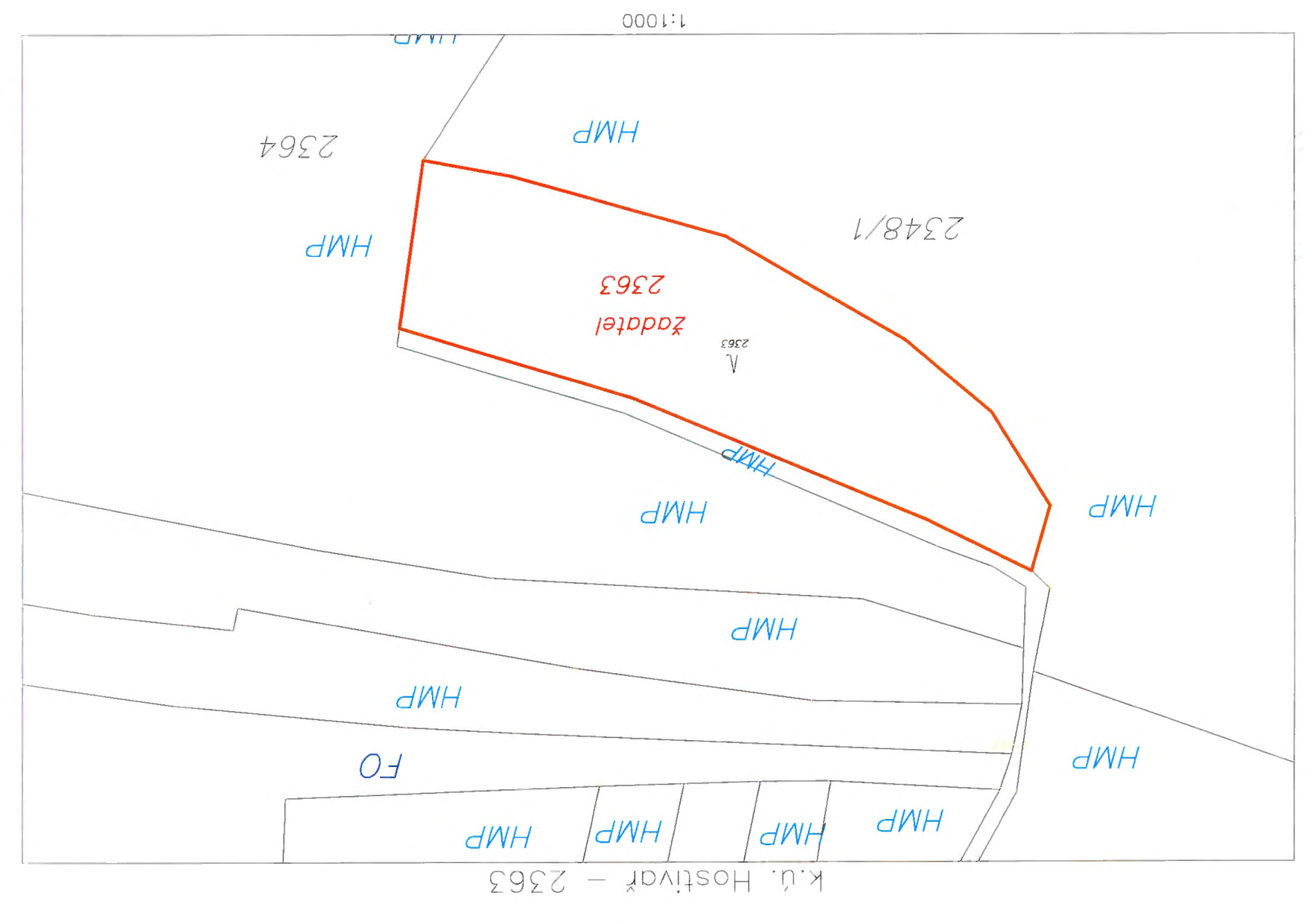 Katastrální mapa zobrazující parcelu č. 2363 v k.ú. Hostivař, označenou jako žadatel.