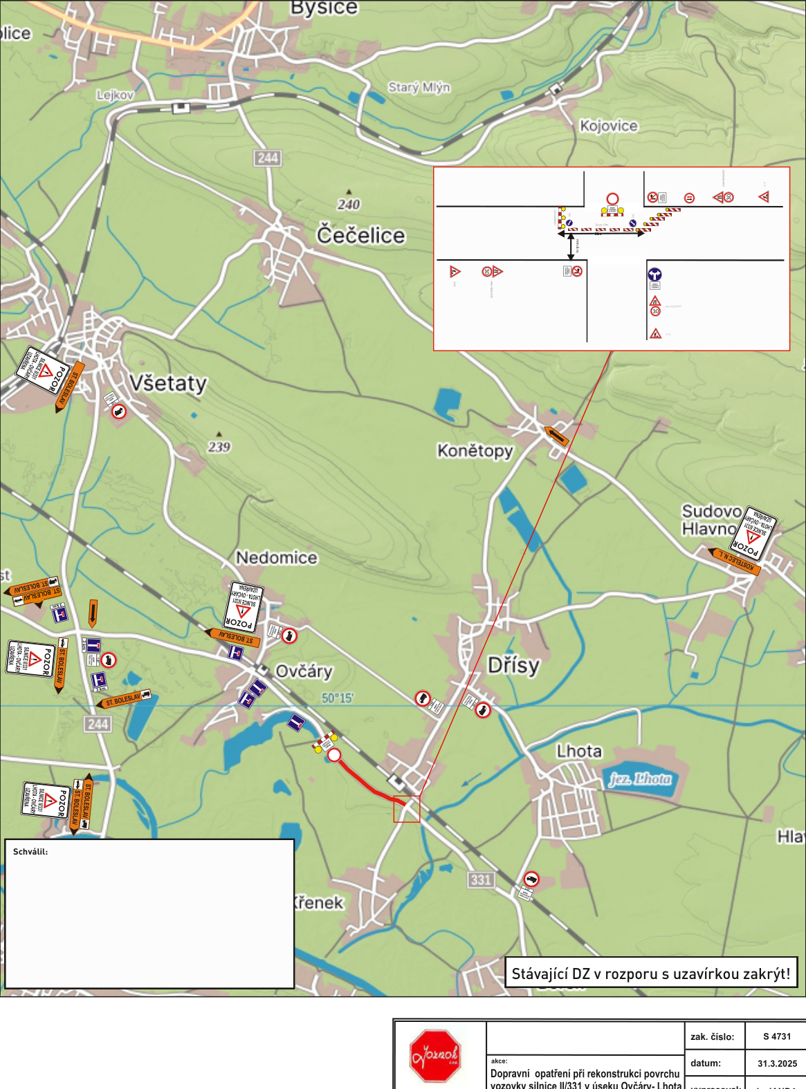 Situační nákres dopravního značení a uzavírky silnice II/331 v úseku Ovčáry - Lhota.
