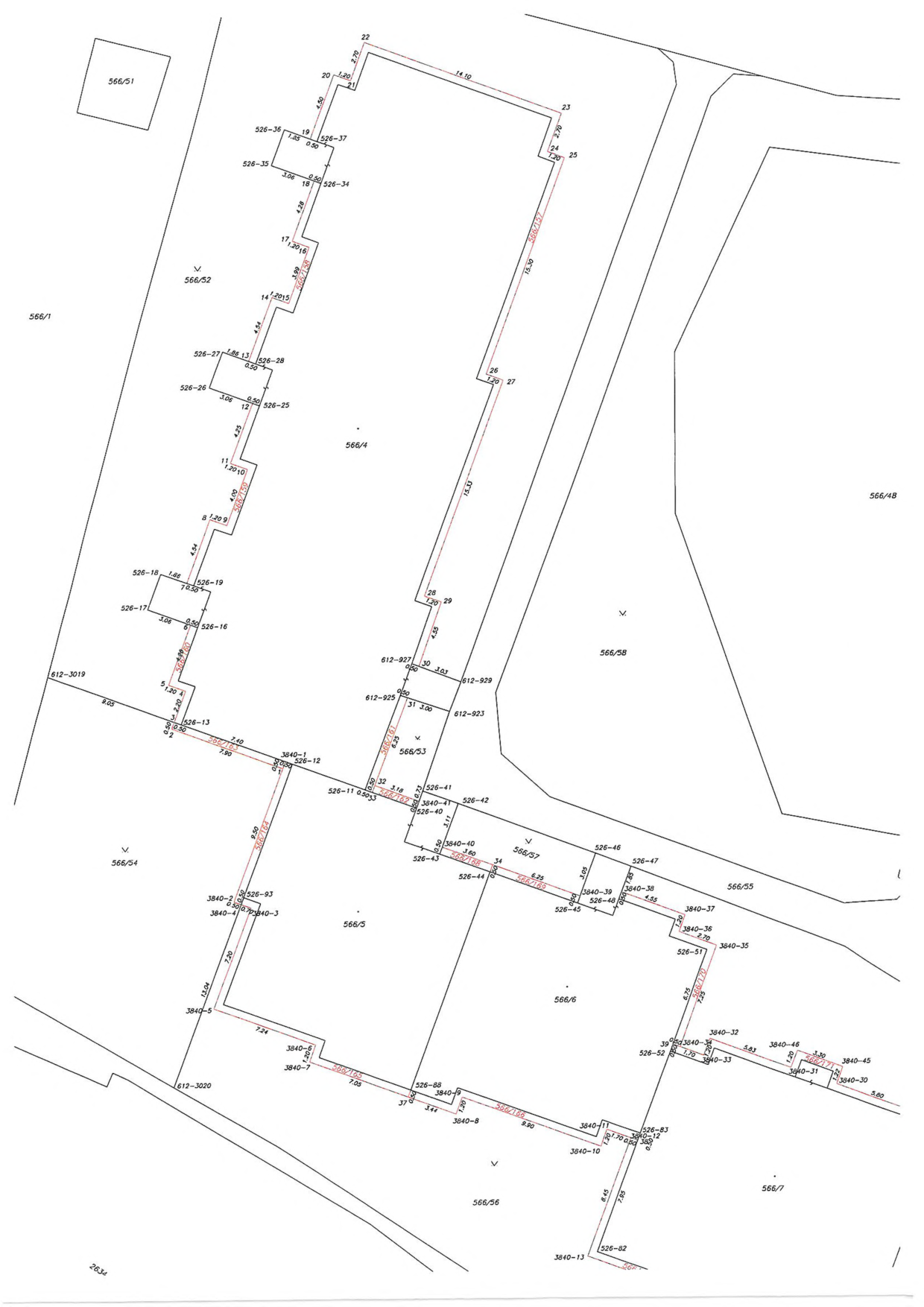 Katastrální mapa zobrazující parcely a jejich hranice. Čísla parcel: 566/51, 566/52, 566/1, 566/4, 566/48, 566/58, 566/53, 566/57, 566/55, 566/5, 566/6, 566/56, 566/7, 612-3019, 612-3020, 612-927, 612-925, 612-929, 612-923, 566/54, 2634. Mapa obsahuje podrobné zaměření hranic s číselným označením bodů (např. 22, 23, 24, 25, 26, 27, 28, 29, 30, 31, 32, 33, 34, 35, 36, 37, 38, 39, 40, 41, 42, 43, 44, 45, 46, 47, 48, 49, 50, 51, 52, 53, 54, 55, 56, 57, 58, 59, 60, 61, 62, 63, 64, 65, 66, 67, 68, 69, 70, 71, 72, 73, 74, 75, 76, 77, 78, 79, 80, 81, 82, 83, 84, 85, 86, 87, 88, 89, 90, 91, 92, 93) a kótami délek úseků hranic (např. 14.10, 15.30, 7.24, 8.90, 6.25, 6.75, 5.83, 5.60). V mapě jsou vyznačeny červenou barvou hranice parcel s označením čísel geometrických plánů (např. 566/157, 566/158, 566/159, 566/160, 566/161, 566/162, 566/163, 566/164, 566/165, 566/166, 566/167, 566/168, 566/169, 566/170, 566/171).