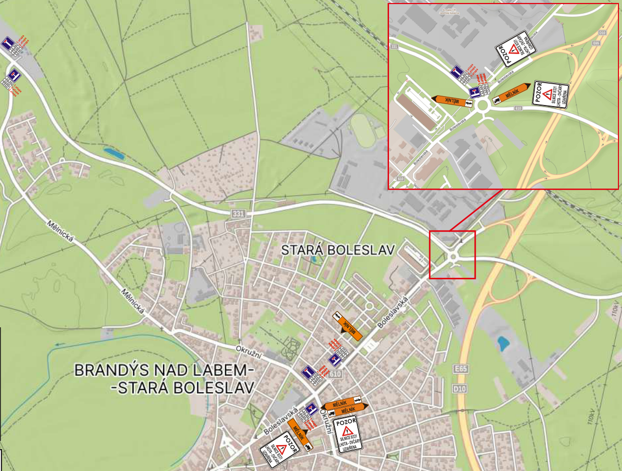 Situační nákres dopravního značení a uzavírky silnice v oblasti Stará Boleslav.