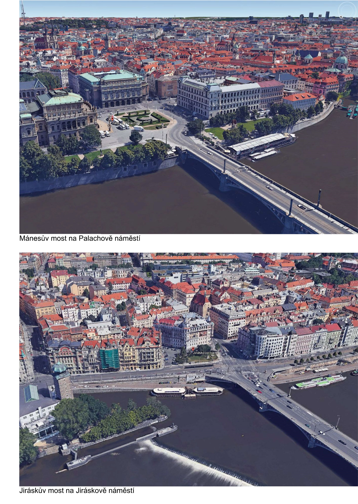 Srovnávací letecké snímky (ortofoto) dvou pražských lokalit: 1. Mánesův most na Palachově náměstí, 2. Jiráskův most na Jiráskově náměstí.