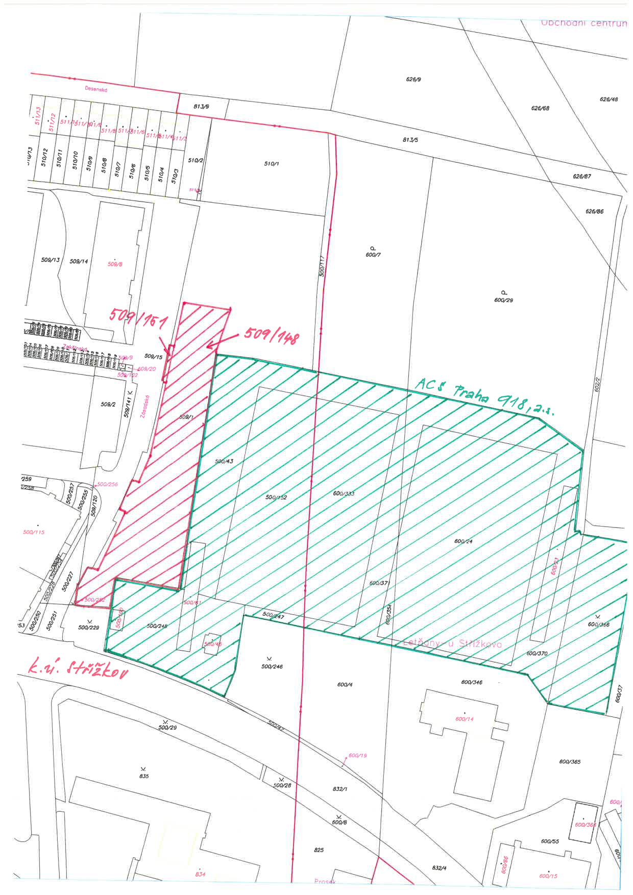 Katastrální mapa zobrazující zákres dotčených pozemků, přičemž pozemky označené červenou barvou (parc. č. 509/148) a zelenou barvou (označené jako ACS Praha 918, z.s.) jsou zvýrazněny v rámci katastrálního území Střížkov.