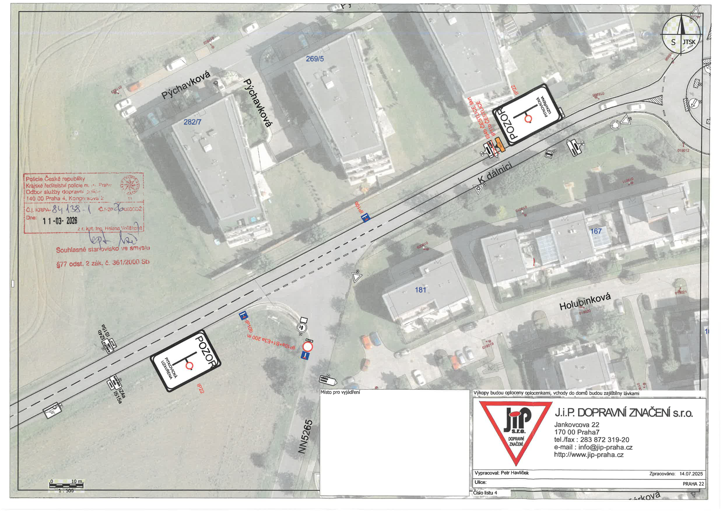 Situační nákres dopravního značení pro uzavírku ulice Pýchavková v Praze.