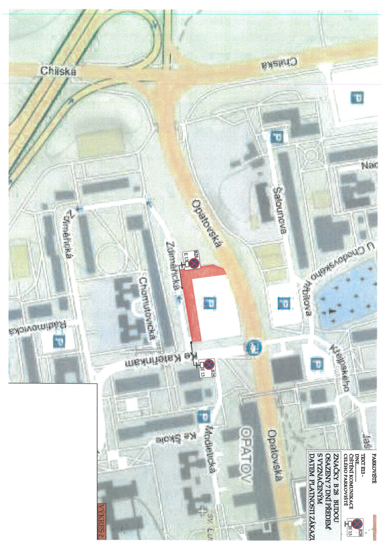 Situační nákres dopravního značení pro parkoviště v ulici Opatovská.