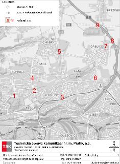Situační mapa s vyznačenými body 1 až 9 v oblasti severní Prahy (Bohnice, Čimice, Kobylisy, Ďáblice). Legenda obsahuje symboly: STÁVAJÍCÍ SDZ (kosočtverec), SL…