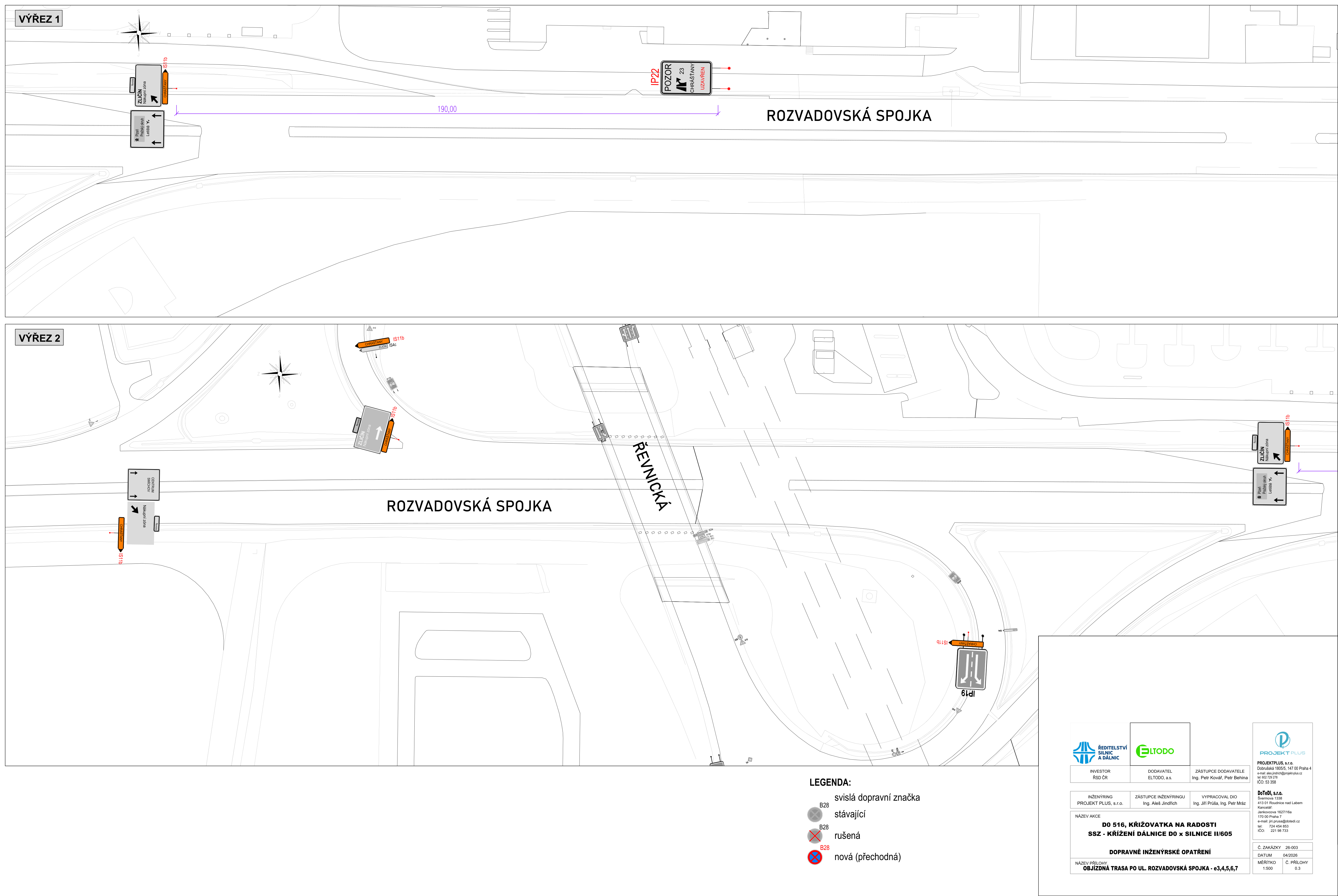 Projektová dokumentace dopravního značení 'DO 516, KŘIŽOVATKA NA RADOSTI, SSZ - KŘÍŽENÍ DÁLNICE D0 x SILNICE II/605'. Dokument obsahuje situační nákresy (Výřez 1 a Výřez 2) s vyznačením objízdné trasy po ul. Rozvadovská spojka. Legenda značek: stávající, rušená, nová (přechodná). Informace v razítku: Investor ŘSD ČR, dodavatel ELTODO a.s., projektant PROJEKT PLUS s.r.o., datum 04/2026, měřítko 1:500. V mapě jsou vyznačeny ulice Rozvadovská spojka a Řevnická, a dopravní značení (např. IP22 POZOR CHRÁNĚNÝ KORIDOR).