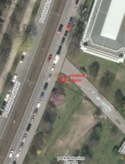 Ortofoto mapa oblasti Podolského nábřeží a parku Antonína Engela v Praze, s vyznačeným červeným obdélníkem a popisem 'předmět nájmu' na parcele č. 409/2