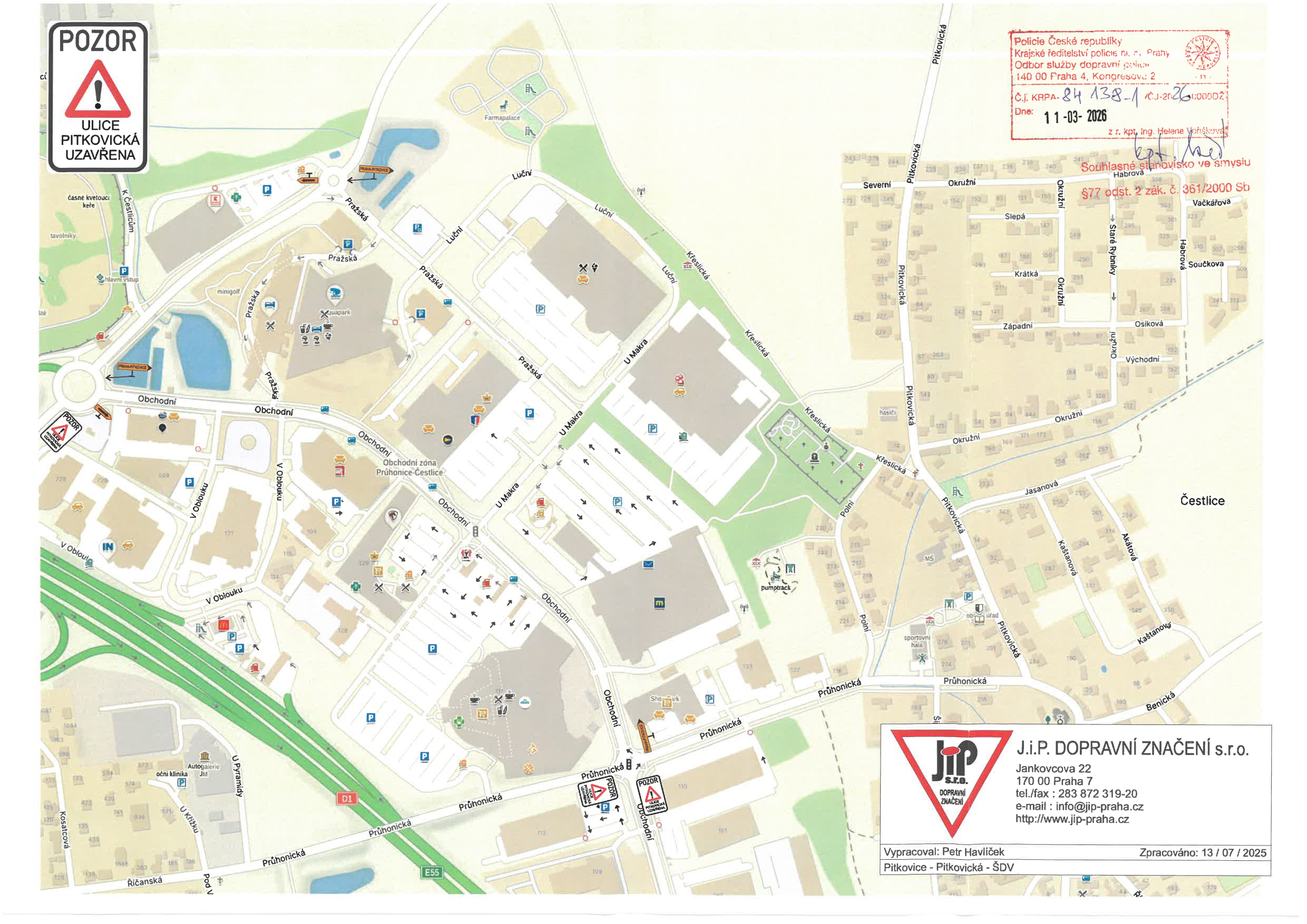 Situační nákres dopravního značení a uzavírky ulice Pitkovická.