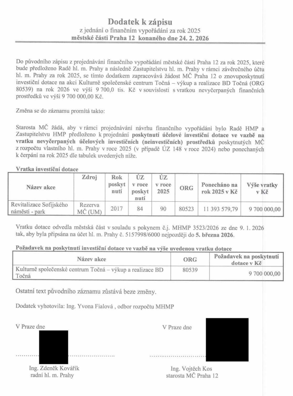 Dodatek k zápisu z jednání o finančním vypořádání za rok 2025 městské části Praha 12 konaného dne 24. 2. 2026. Dokument řeší žádost MČ Praha 12 o znovuposkytnutí investiční dotace na akci 'Kulturně společenské centrum Točná – výkup a realizace BD Točná' (ORG 80539) na rok 2026 ve výši 9 700 000 Kč v souvislosti s vratkou nevyčerpaných prostředků. Tabulka vratky investiční dotace: Název akce: Revitalizace Sofijského náměstí - park, Zdroj: Rezerva MČ (UM), Rok poskytnutí: 2017, ÚZ v roce poskytnutí: 84, ÚZ v roce 2025: 90, ORG: 80523, Ponecháno na rok 2025 v Kč: 11 393 579,79, Výše vratky v Kč: 9 700 000,00. Vratka byla odvedena na účet hl. m. Prahy č. 5157998/6000 nejpozději do 5. března 2026. Požadavek na poskytnutí investiční dotace: Kulturně společenské centrum Točná – výkup a realizace BD Točná (ORG 80539), požadavek: 9 700 000,00 Kč. Dokument vyhotovila Ing. Yvona Fialová, podepsáni Ing. Zdeněk Kovářik (radní hl. m. Prahy) a Ing. Vojtěch Kos (starosta MČ Praha 12).