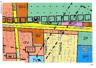 Výřez územního plánu (katastrální mapa) oblasti v Praze na Vinohradech. Zobrazené ulice: Vinohradská, Jičínská, Slezská, Hradecká, Písecká, náměstí Jiřího z Lo…