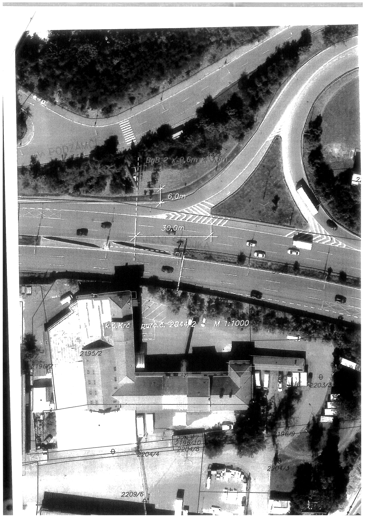 Situační ortofotomapa území s vyznačenými parcelami a rozměry. Obsahuje texty: 'k.ú.Krč', 'parc.č. 2044/2', 'M 1:1000', '6,0m', '30,0m', 'BgB 2 x 0,6m x 1,6m'. Dále jsou v mapě vyznačena čísla parcel: 2195/2, 2196/2, 2204/4, 2204/7, 2196/10, 2204/8, 2203/3, 2196/9, 2204/3, 2209/6.