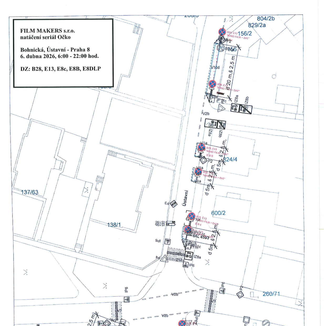 Situační nákres dopravního značení pro filmové natáčení v ulici Ústavní v Praze 8.