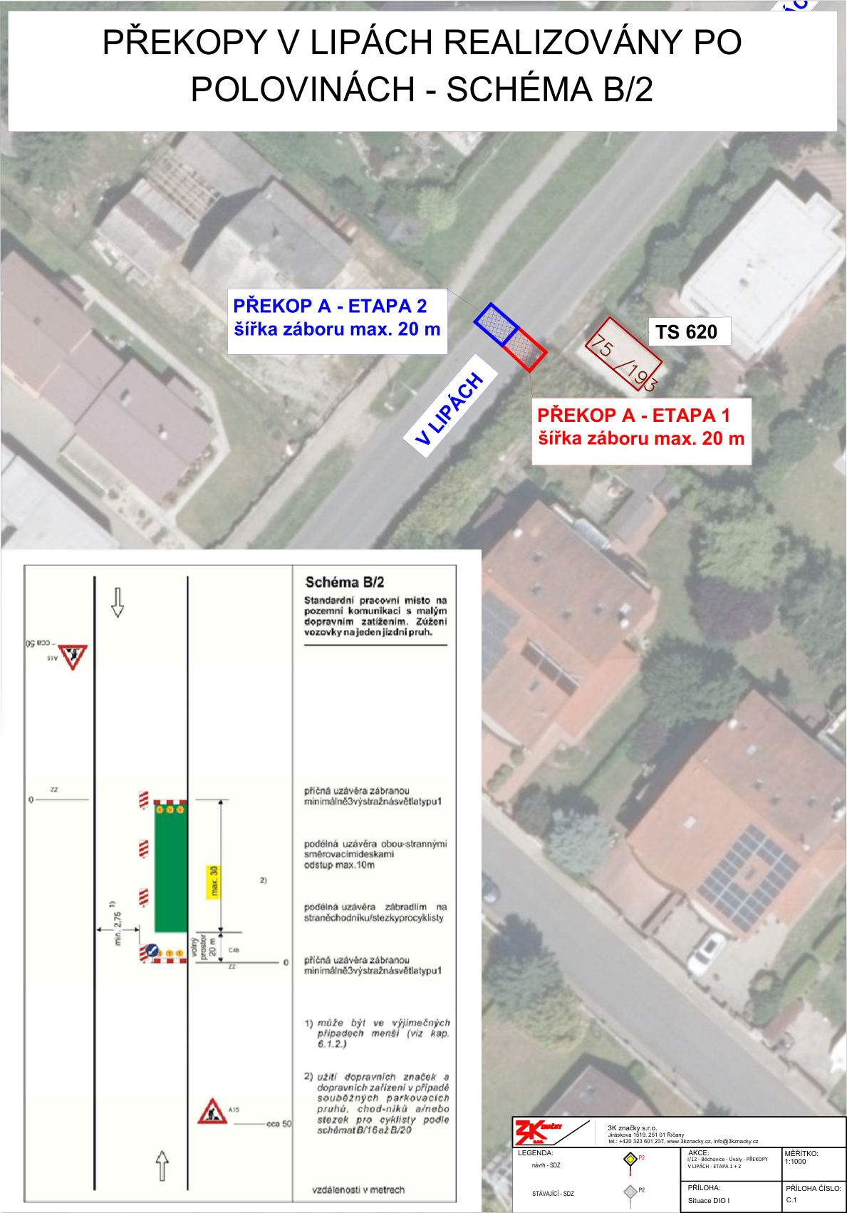 Dokument 'PŘEKOPY V LIPÁCH REALIZOVÁNY PO POLOVINÁCH - SCHÉMA B/2'. Obsahuje ortofotomapu s vyznačením dvou etap prací (Etapa 1 a Etapa 2, šířka záboru max. 20 m) v ulici V Lipách u TS 620. Dále obsahuje technické 'Schéma B/2' pro standardní pracovní místo na pozemní komunikaci s malým dopravním zatížením (zúžení vozovky na jeden jízdní pruh). Technické údaje: min. 2,75 m šířka průjezdu, max. 30 m délka záboru, příčná uzávěra se zábranou a výstražnými světly, podélná uzávěra se směrovacími deskami a zábradlím. Informace o zhotoviteli: 3K značky s.r.o., Jiráskova 1519, 251 01 Říčany, tel: +420 323 601 237, www.3kznacky.cz. Akce: U/12 - Běchovice : Úvaly - PŘEKOPY V LIPÁCH - ETAPA 1 + 2. Měřítko 1:1000.