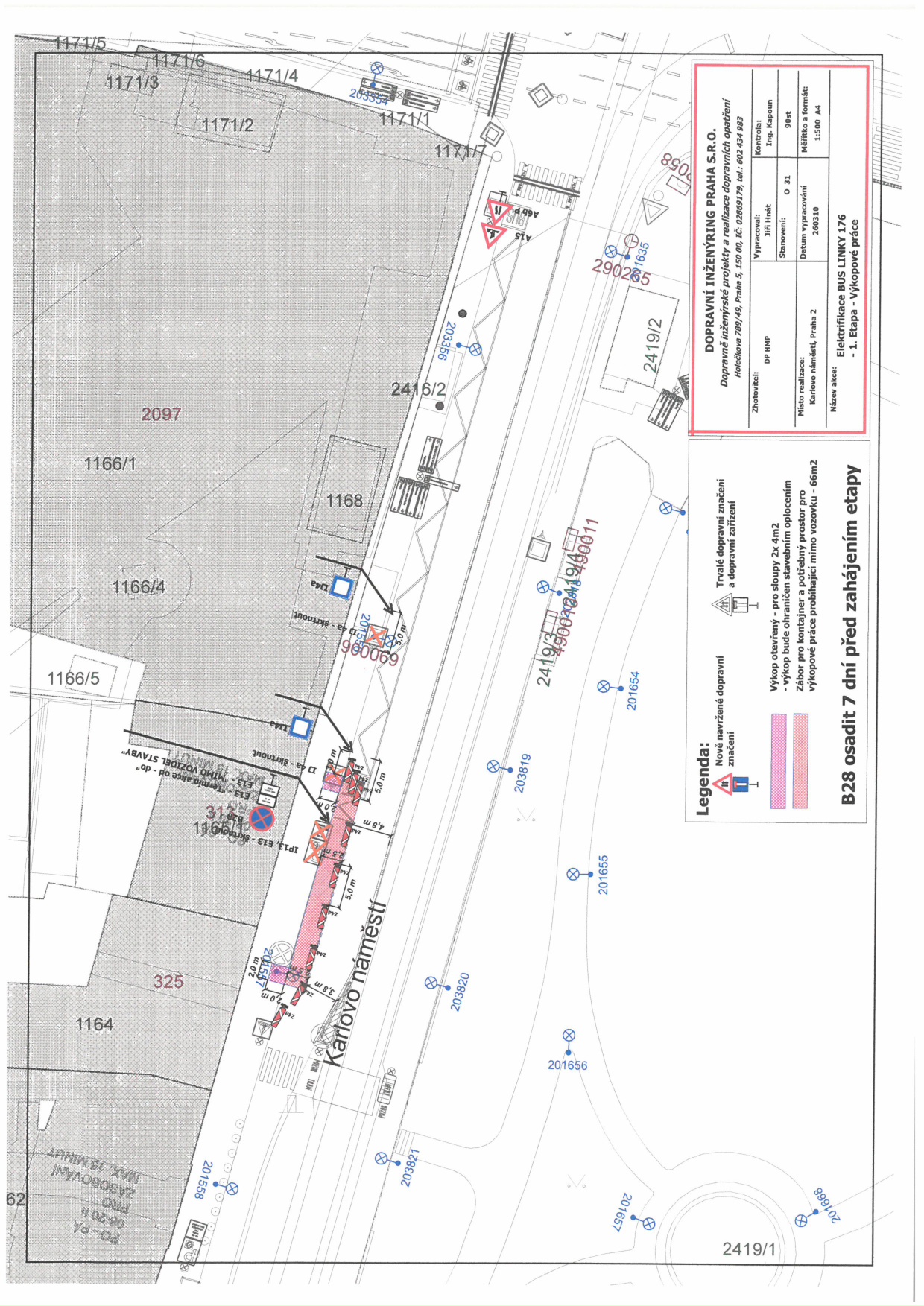 Koordinační situační výkres dopravního značení pro stavbu elektrifikace autobusové linky na Karlově náměstí.