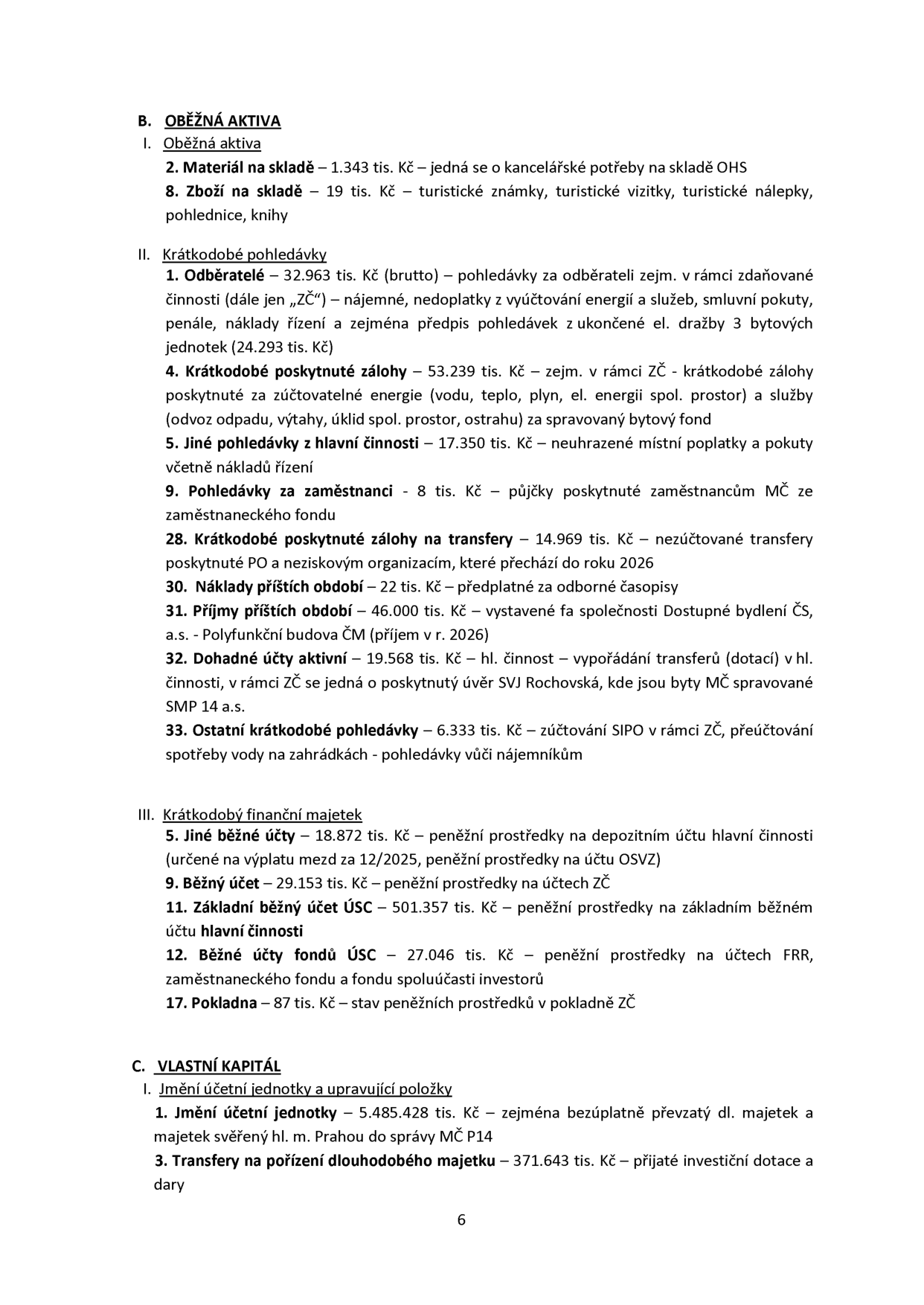 Výpis z účetní závěrky (rozvaha) městské části: B. OBĚŽNÁ AKTIVA: I. Oběžná aktiva: 2. Materiál na skladě (1.343 tis. Kč), 8. Zboží na skladě (19 tis. Kč). II. Krátkodobé pohledávky: 1. Odběratelé (32.963 tis. Kč), 4. Krátkodobé poskytnuté zálohy (53.239 tis. Kč), 5. Jiné pohledávky z hlavní činnosti (17.350 tis. Kč), 9. Pohledávky za zaměstnanci (8 tis. Kč), 28. Krátkodobé poskytnuté zálohy na transfery (14.969 tis. Kč), 30. Náklady příštích období (22 tis. Kč), 31. Příjmy příštích období (46.000 tis. Kč), 32. Dohadné účty aktivní (19.568 tis. Kč), 33. Ostatní krátkodobé pohledávky (6.333 tis. Kč). III. Krátkodobý finanční majetek: 5. Jiné běžné účty (18.872 tis. Kč), 9. Běžný účet (29.153 tis. Kč), 11. Základní běžný účet ÚSC (501.357 tis. Kč), 12. Běžné účty fondů ÚSC (27.046 tis. Kč), 17. Pokladna (87 tis. Kč). C. VLASTNÍ KAPITÁL: I. Jmění účetní jednotky a upravující položky: 1. Jmění účetní jednotky (5.485.428 tis. Kč), 3. Transfery na pořízení dlouhodobého majetku (371.643 tis. Kč).