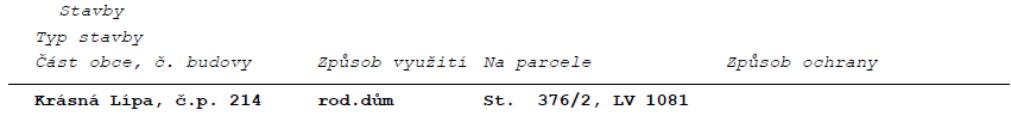 Tabulka se seznamem staveb: Krásná Lípa, č.p. 214, typ stavby: rod. dům, na parcele: St. 376/2, LV 1081.