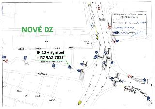 Situační nákres dopravního značení (NOVÉ DZ) na ulici Tenisová a Plukovníka Mráze v Praze 15, s vyznačením úředního schválení Úřadu městské části Praha 15, Odb…