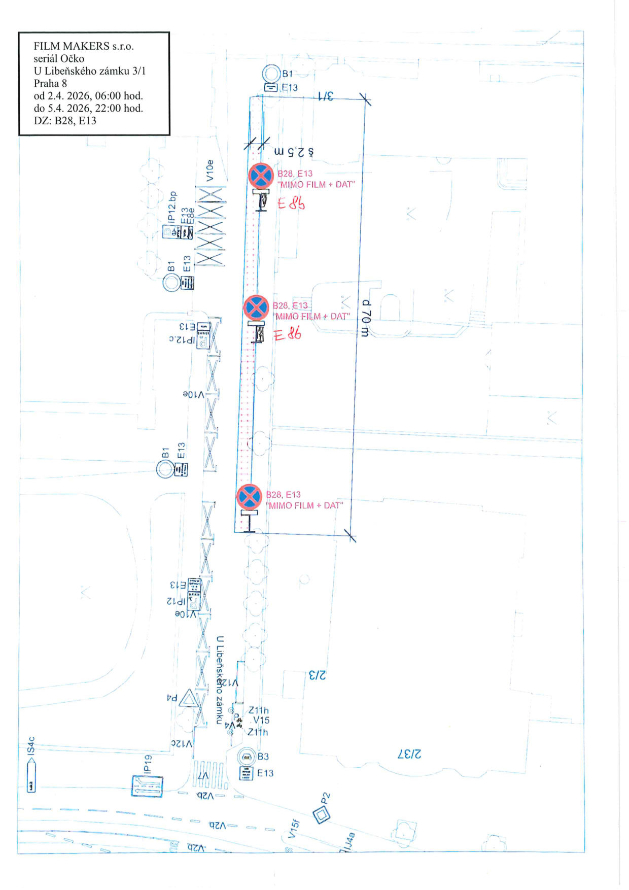 Situační nákres dopravního značení pro zábor komunikace u Libeňského zámku.