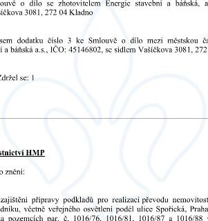 Výňatek z úředního dokumentu týkajícího se dodatku č. 3 ke Smlouvě o dílo se zhotovitelem 'Energie stavební a báňská a.s.', IČO: 45146802, se sídlem Vašíčkova…