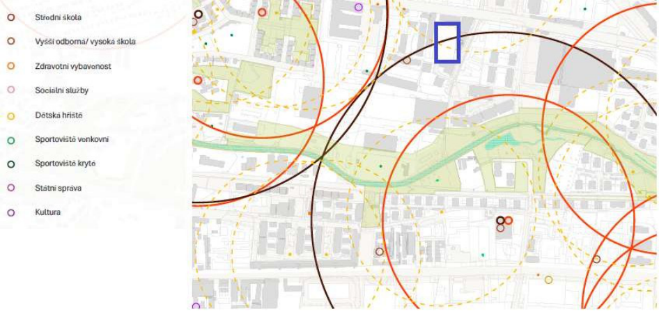 Mapa dostupnosti veřejné vybavenosti (analytická vrstva územního plánu) s vyznačeným zájmovým územím.