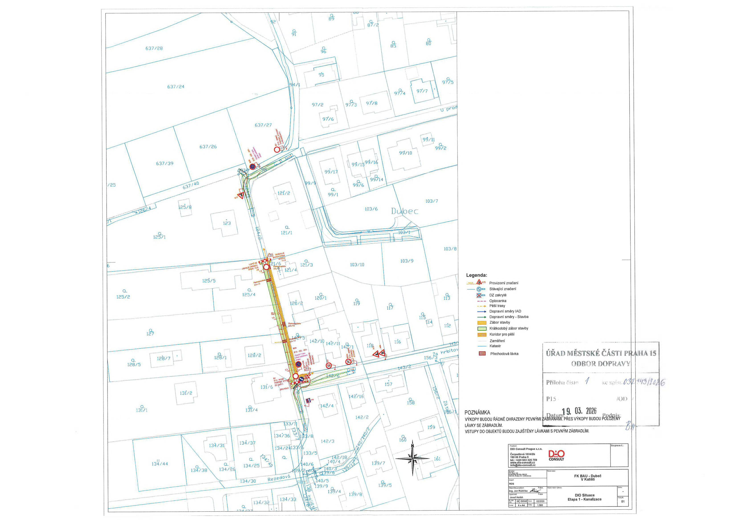 Situační nákres dopravního značení a záboru komunikace pro účely kanalizačních prací.