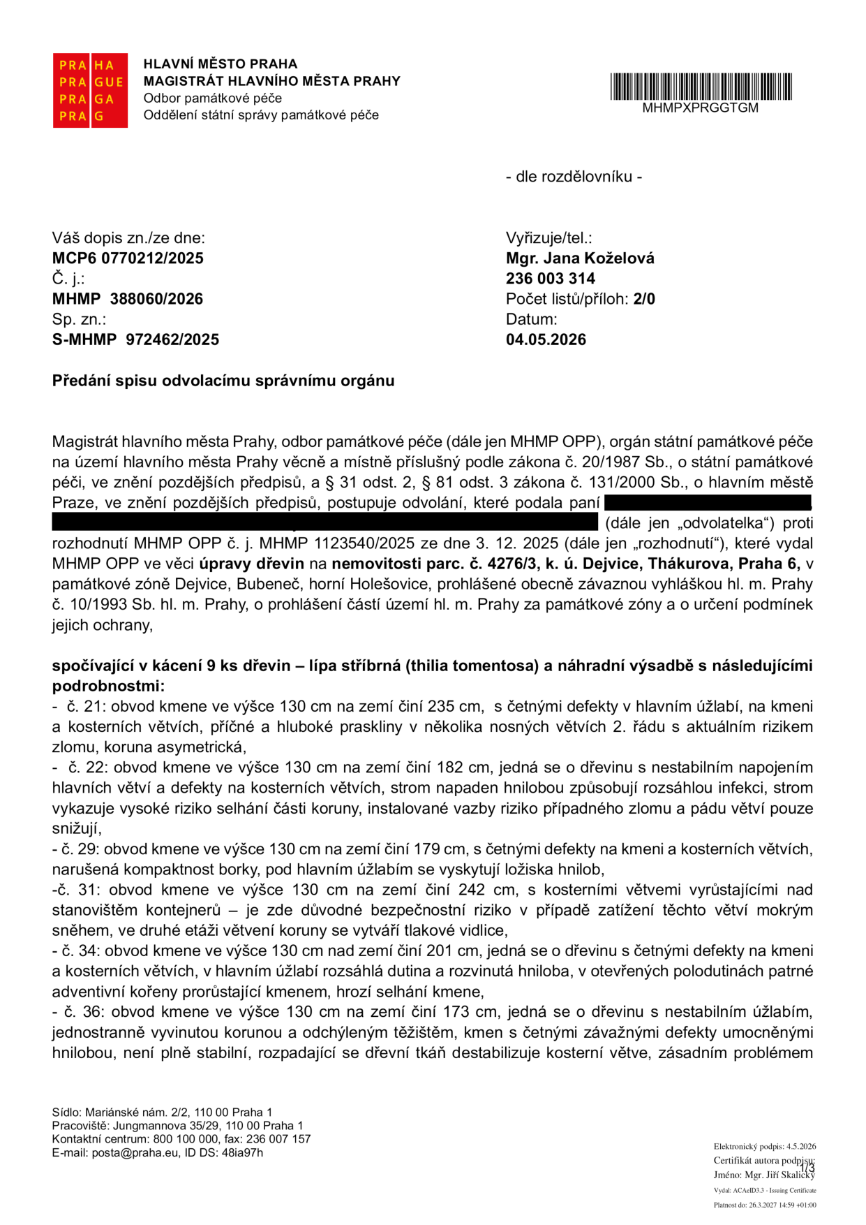 Úřední dokument Magistrátu hlavního města Prahy, odboru památkové péče, ze dne 04.05.2026. Předmět: Předání spisu odvolacímu správnímu orgánu ve věci úpravy dřevin (kácení 9 ks lip stříbrných) na pozemku parc. č. 4276/3, k. ú. Dejvice, Praha 6. Dokument obsahuje technický popis stavu pěti konkrétních stromů (č. 21, 22, 29, 31, 34, 36) s uvedením obvodů kmenů a zdravotních defektů (hniloba, nestabilní větvení, riziko zlomu). Číslo jednací: MHMP 388060/2026, spisová značka: S-MHMP 972462/2025.
