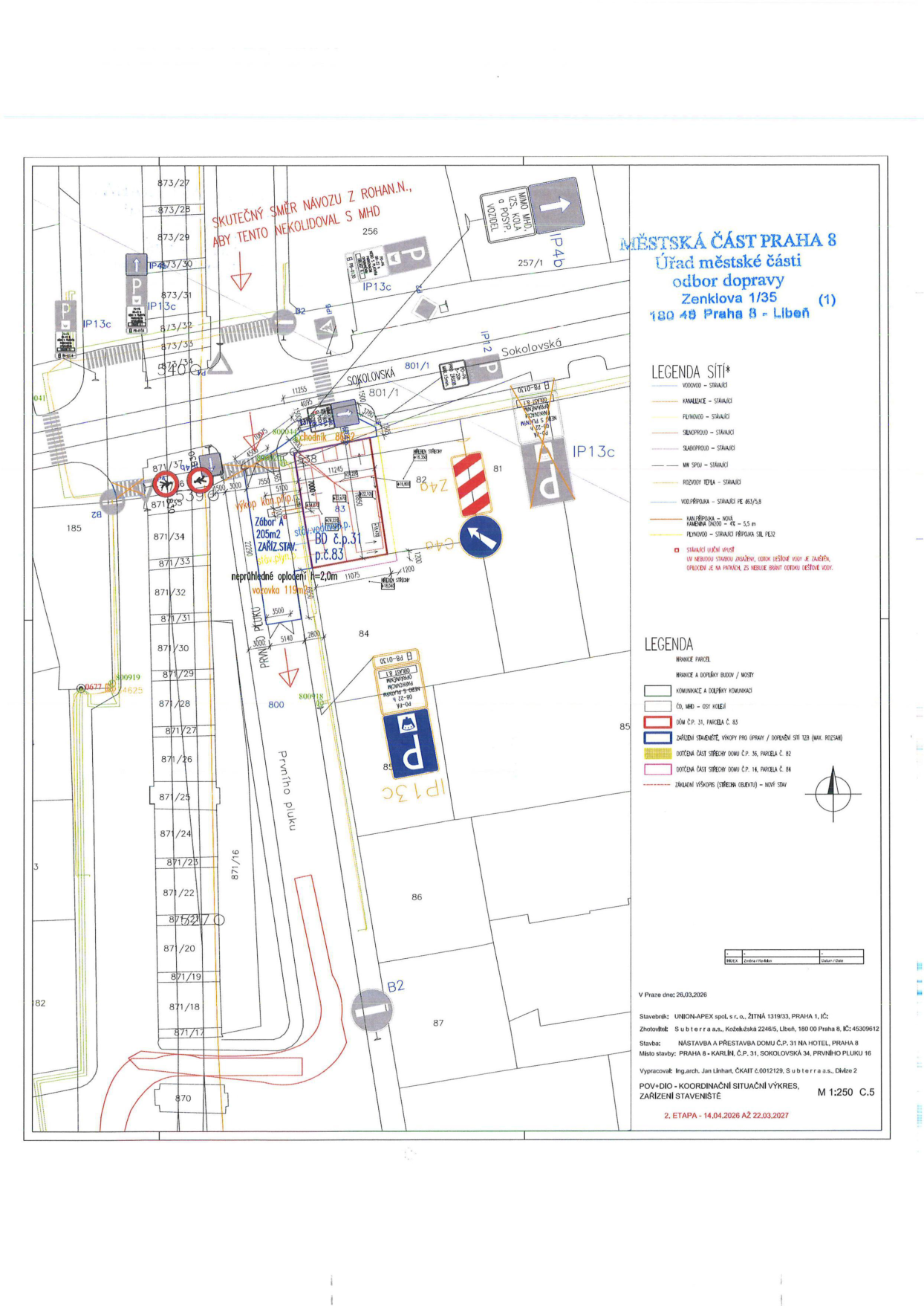 Koordinační situační výkres zařízení staveniště pro stavbu v Praze 8 - Libni.