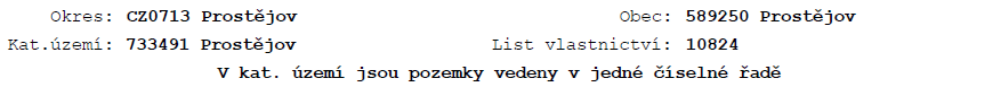 Výpis z katastru nemovitostí: Okres: CZ0713 Prostějov, Obec: 589250 Prostějov, Katastrální území: 733491 Prostějov, List vlastnictví: 10824. V katastrálním území jsou pozemky vedeny v jedné číselné řadě.