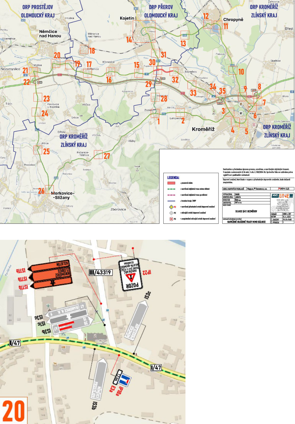 Dokument obsahuje přehledovou mapu uzavírek a objízdných tras v okolí Kroměříže, Kojetína a Přerova s vyznačenými body (čísla 1-35). Součástí je legenda: plná čára (pracovní místa), zelená přerušovaná (navržená objízdná trasa mimo dálnici), červená přerušovaná (navržená objízdná trasa po dálnici), modrá čára (hranice kraje/ORP), žlutý kosočtverec (navržené přechodné svislé dopravní značení), P2 (stávající svislé dopravní značení), P2 s křížkem (zneplatněné stávající svislé dopravní značení). Dále obsahuje detailní situační nákres č. 20 (křižovatka silnic I/47 a III/43319 u Němčic nad Hanou) s vyznačeným dopravním značením a směrovými tabulemi (Kojetín, Zlobice, Kroměříž, Němčice nad Hanou). V pravém dolním rohu je tabulka s informacemi: Zhotovitel: NVG LINE a.s., Vypracoval: Zmák, Kontroloval: Janata, Investor: ŘSD ČR, Datum: 15. 4. 2025, Číslo zakázky: 26-24-1468, Číslo výkresu: 1.