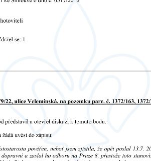 Výňatek z úředního zápisu: 'ke Smlouvě o dílo č. 051/2016', 'hotoviteli', 'Zdržel se: 1', '9/22, ulice Velemínská, na pozemku parc. č. 1372/163, 1372/', 'od př…
