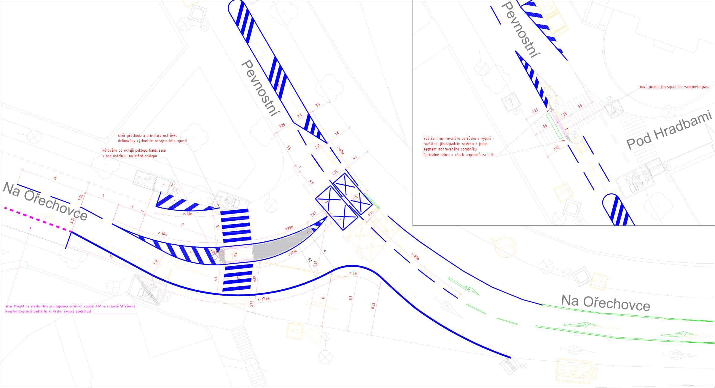 Koordinační výkres úpravy křižovatky ulic Pevnostní a Na Ořechovce zahrnující dopravní značení a stavební úpravy ostrůvků.
