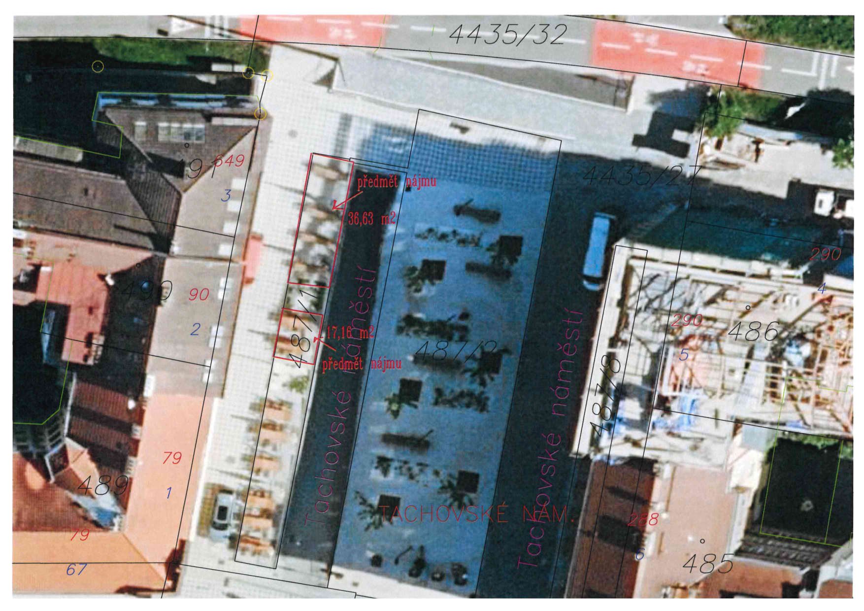 Situační nákres vymezení plochy pronájmu na Tachovském náměstí s vyznačenými parcelami.
