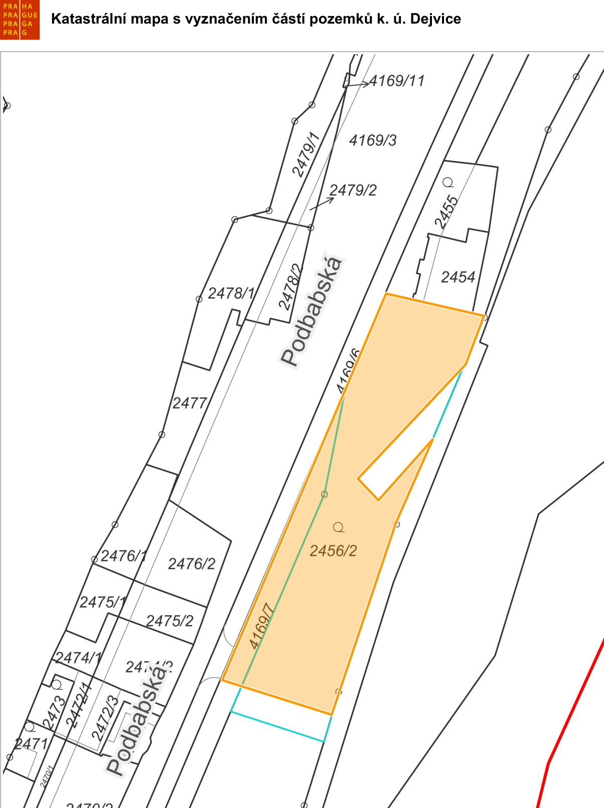 Katastrální mapa s vyznačením částí pozemků k. ú. Dejvice. Mapa zobrazuje parcelní čísla v oblasti ulice Podbabská, konkrétně parcely 2470/1, 2471, 2472/1, 2472/3, 2473, 2474/1, 2475/1, 2475/2, 2476/1, 2476/2, 2477, 2478/1, 2478/2, 2479/1, 2479/2, 4169/3, 4169/6, 4169/7, 4169/11, 2454, 2455 a 2456/2. Část pozemku 2456/2 je zvýrazněna oranžovou barvou.