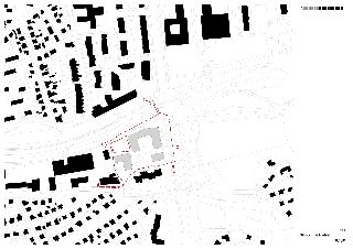 Situační nákres širších vztahů (měřítko 1:2000), označený jako C_1_01. Mapa zobrazuje urbanistickou strukturu s vyznačeným zájmovým územím (ohraničeno červenou…
