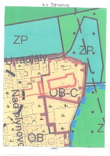 Výřez z územního plánu pro k.ú. Štěrboholy v měřítku 1:1000. Mapa zobrazuje funkční plochy: ZP (zeleň), OB (bydlení čisté) a OB-C (bydlení čisté - specifická z…