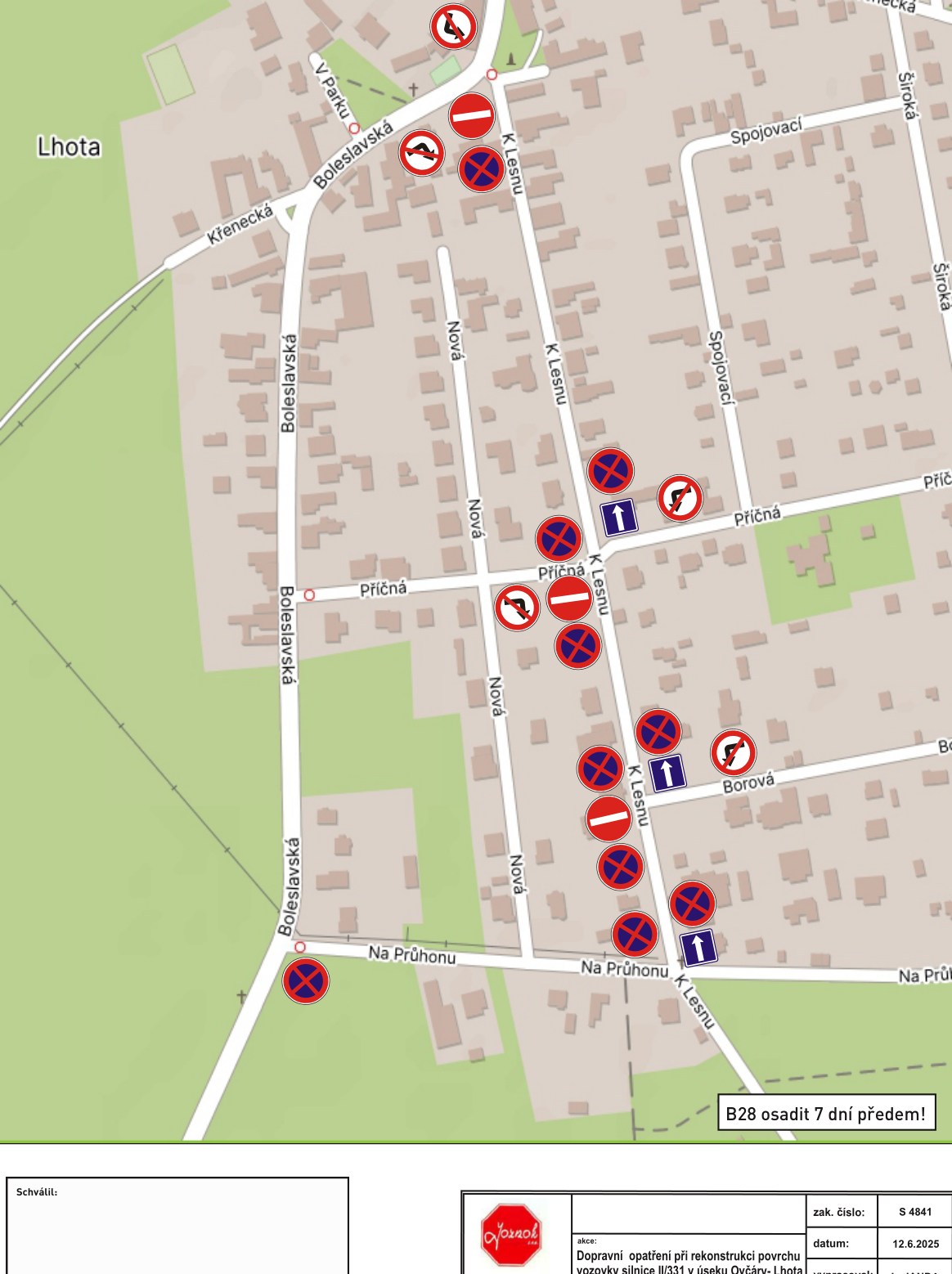 Situační nákres dopravního značení pro rekonstrukci vozovky silnice II/331 v obci Lhota.