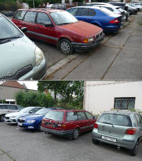 Fotografie parkoviště seřazených osobních vozidel. Na horní a dolní části obrázku jsou zachyceny registrační značky vozidel, např. '3S5 3397' na zeleném voze T…