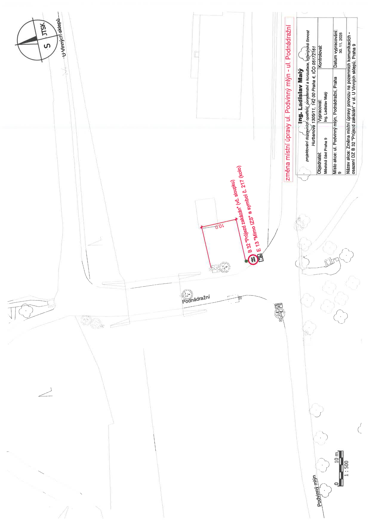 Situační nákres dopravního značení v ulici Podnádražní.