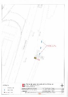 Situační nákres dopravního značení v blízkosti Veslařského klubu Smíchov. Obsahuje: Strakonická ulice, značení 3xV20 (á 7m), nová svislá dopravní značka IS21b…
