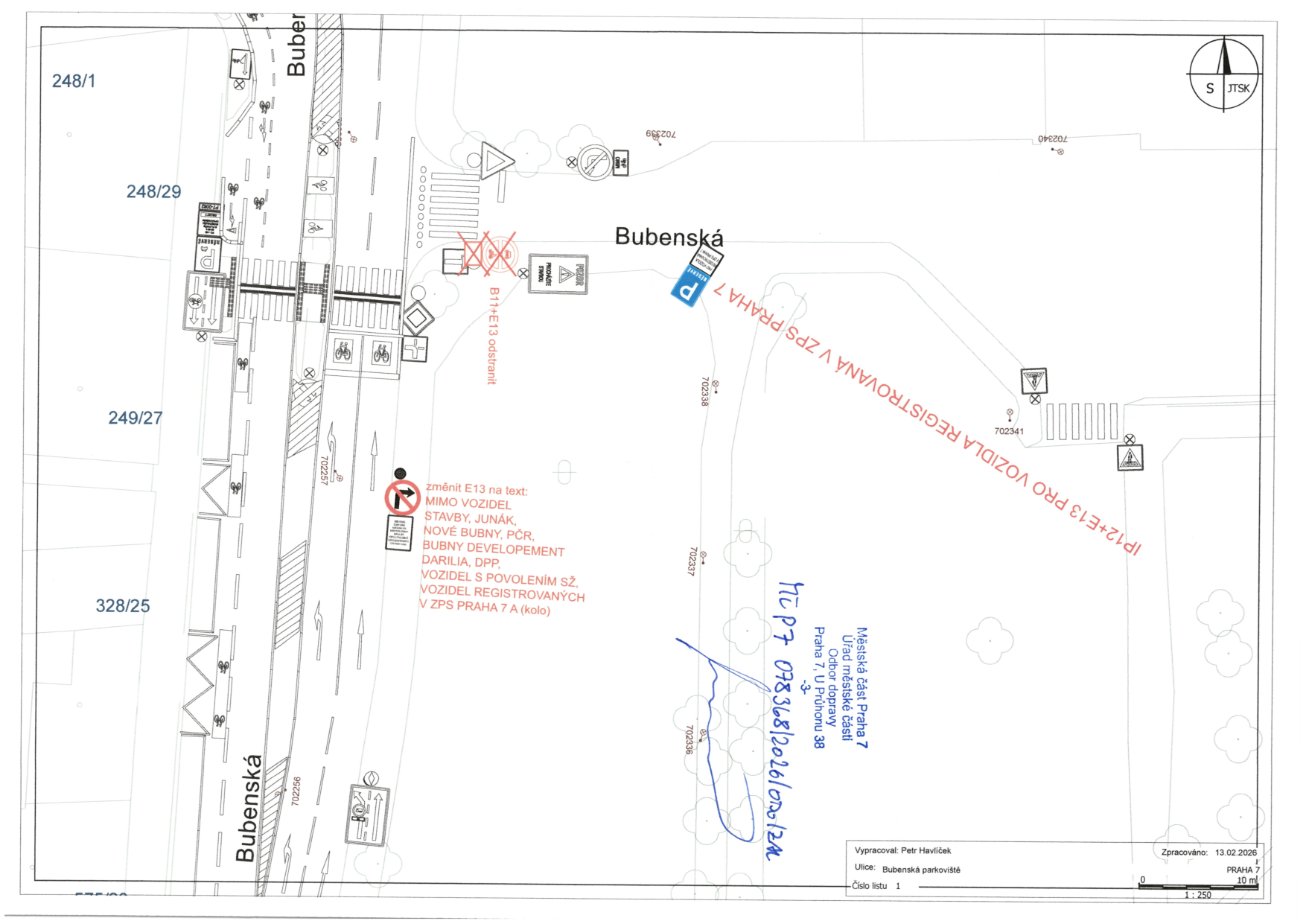 Situační nákres dopravního značení na ulici Bubenská v Praze 7.