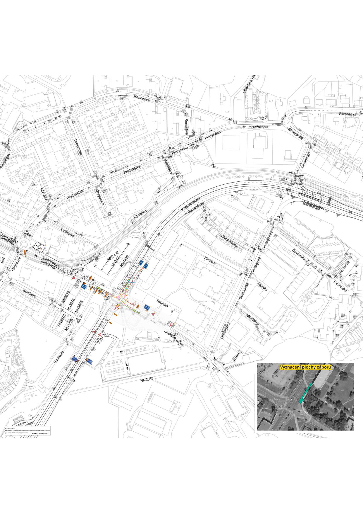 Koordinační situační výkres se zákresem plochy záboru v oblasti pražského Barrandova.