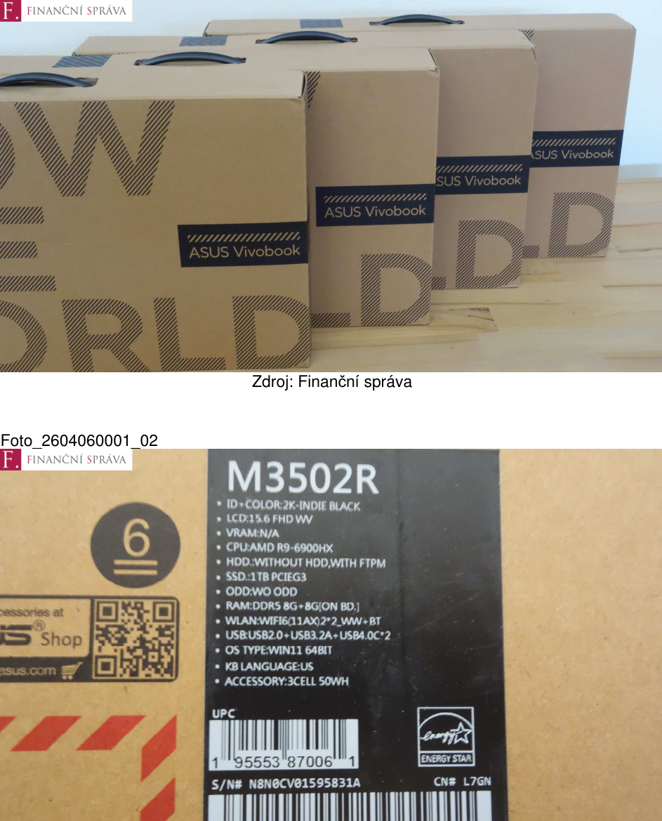 Fotografie balení notebooků ASUS Vivobook. Štítek s technickými parametry: Model M3502R, ID+COLOR: 2K-INDIE BLACK, LCD: 15.6 FHD WV, VRAM: N/A, CPU: AMD R9-6900HX, HDD: WITHOUT HDD, WITH FTPM, SSD: 1TB PCIEG3, ODD: WO ODD, RAM: DDR5 8G+8G[ON BD.], WLAN: WIFI6(11AX)2*2_WW+BT, USB: USB2.0+USB3.2A+USB4.0C*2, OS TYPE: WIN11 64BIT, KB LANGUAGE: US, ACCESSORY: 3CELL 50WH. Sériové číslo: N8N0CV01595831A, CN#: L7GN.
