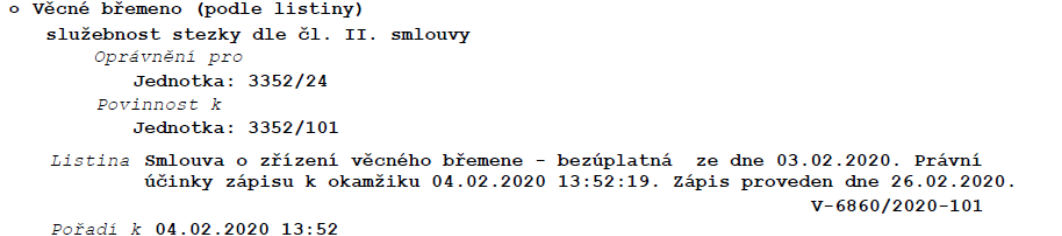 Výpis z katastru nemovitostí týkající se věcného břemene: služebnost stezky dle čl. II. smlouvy. Oprávnění pro jednotku č. 3352/24, povinnost k jednotce č. 3352/101. Listina: Smlouva o zřízení věcného břemene - bezúplatná ze dne 03.02.2020. Právní účinky zápisu k okamžiku 04.02.2020 13:52:19. Zápis proveden dne 26.02.2020. Číslo řízení: V-6860/2020-101. Pořadí k 04.02.2020 13:52.