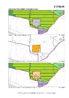 Grafická část změny územního plánu č. Z 3750/39. Dokument obsahuje tři mapové výřezy: 1. Výkres č. 4 – Plán využití ploch, platný stav k 8. 9. 2022. 2. Zákres…