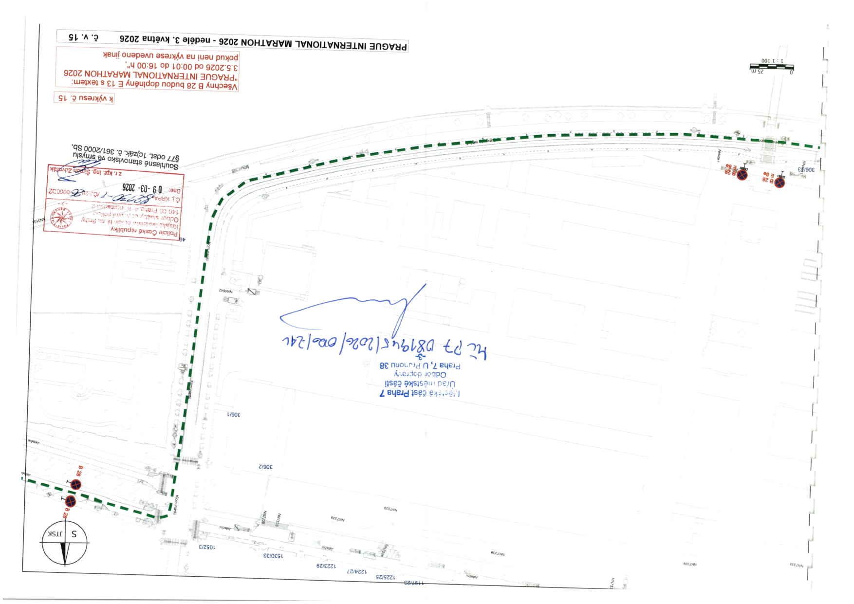 Situační nákres dopravního značení pro akci Prague International Marathon 2026.