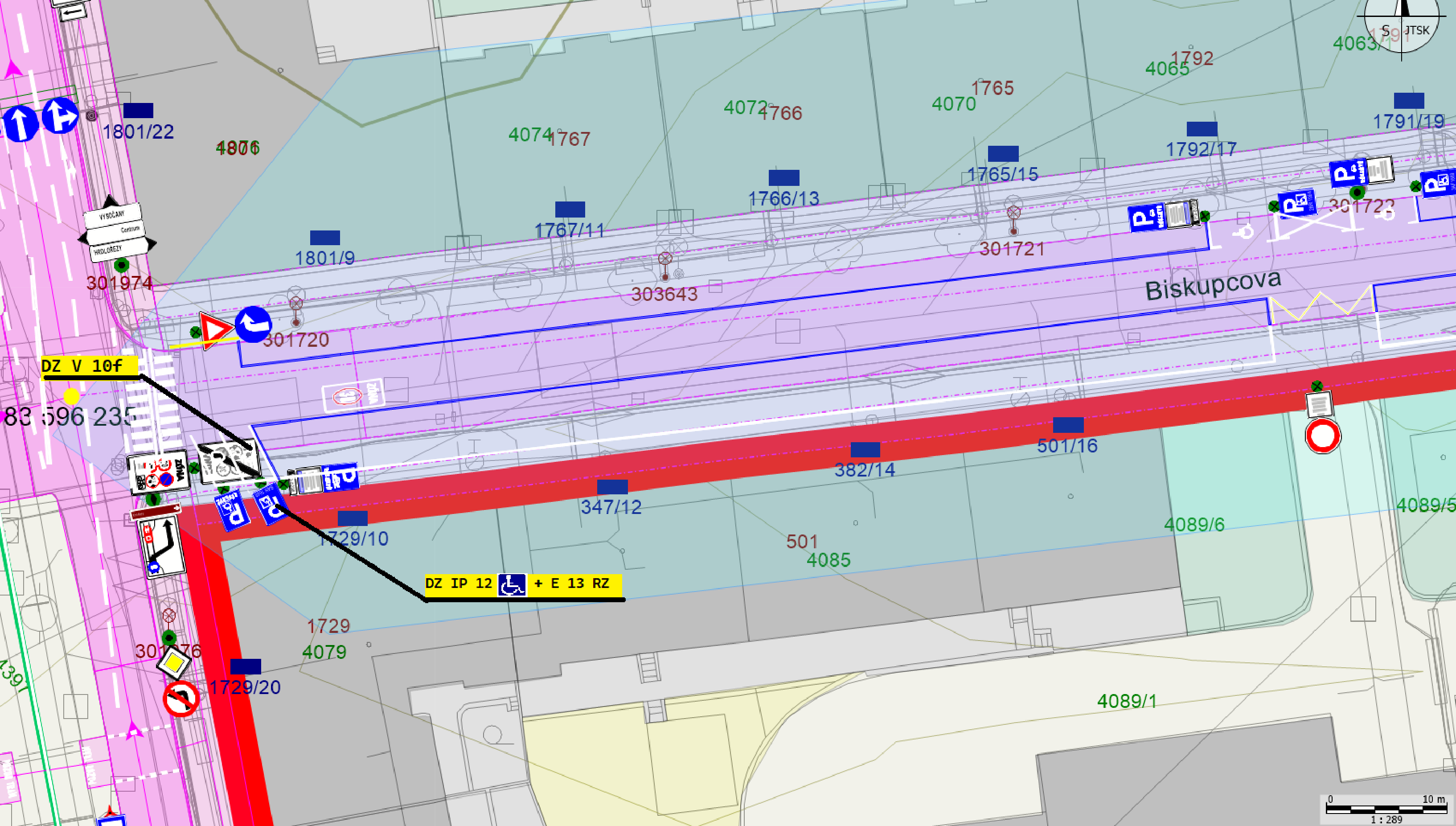 Koordinační situační výkres dopravního značení ulice Biskupcova.
