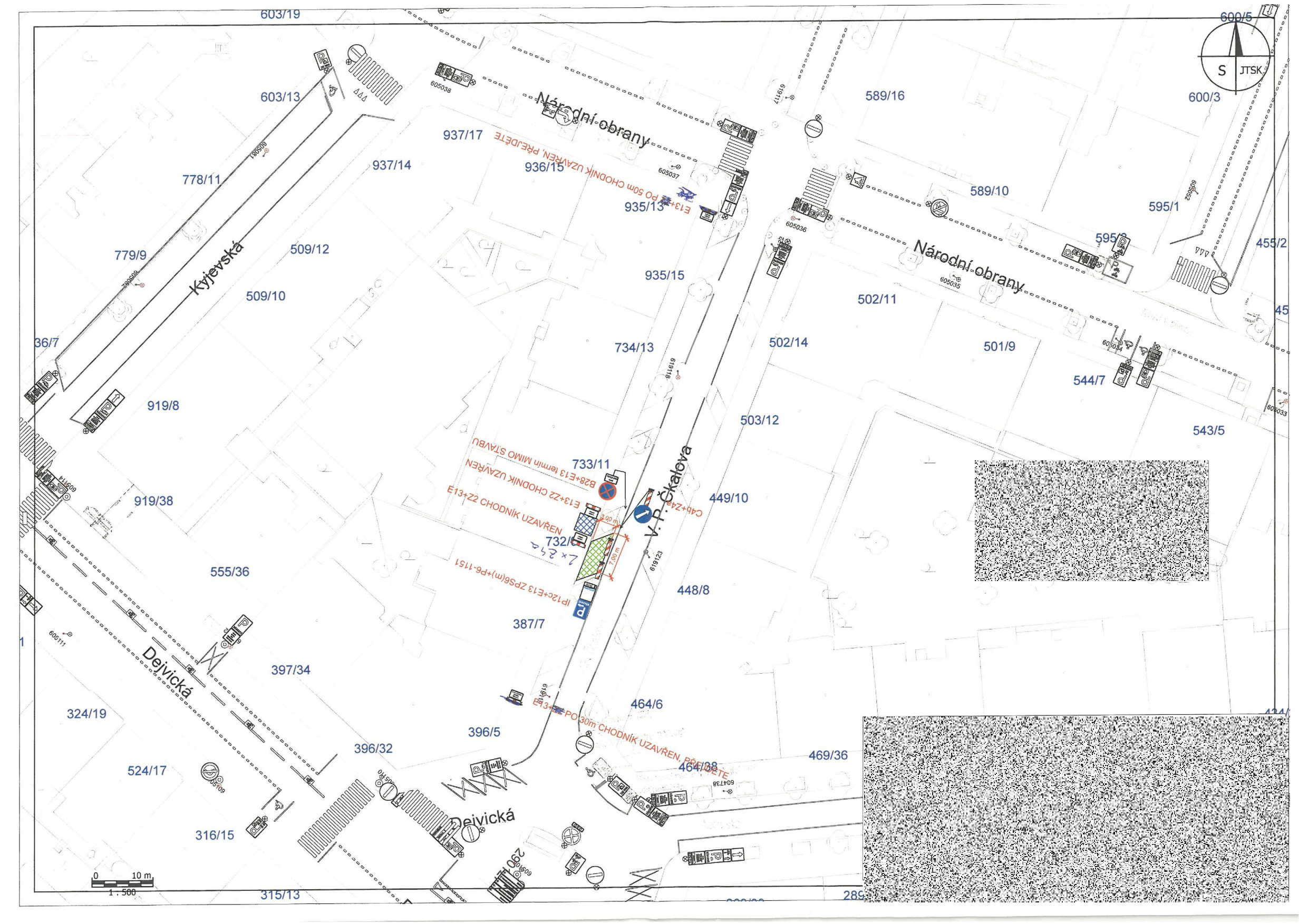 Koordinační situační výkres dopravního značení a uzavírky chodníku na křižovatce ulic Dejvická a V.P. Čkalova.