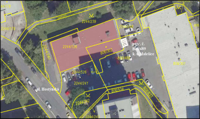 Ortofotomapa území s vyznačenými hranicemi pozemků a parcelními čísly v k.ú. Malešice.
